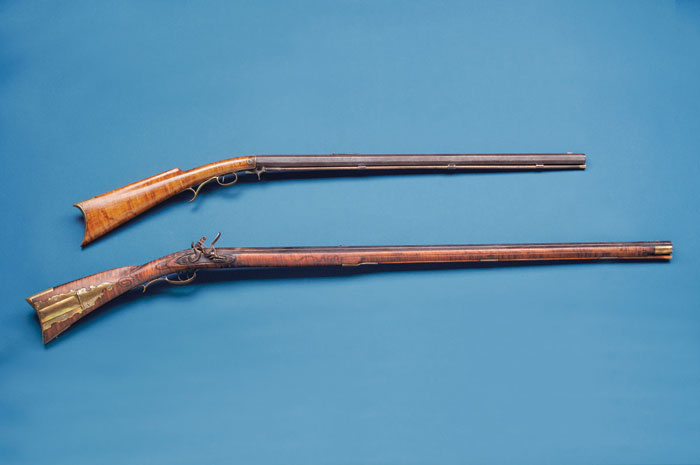 Appraisal: KENTUCKY LONG FLINTLOCK RIFLE BY C OWAN The figured maple