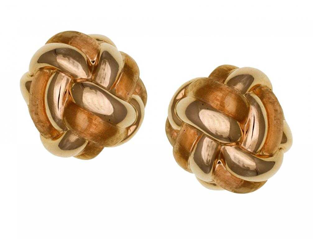 Appraisal: A PAIR OF GOLD SEMI-FROSTED KNOT EARRINGS marked