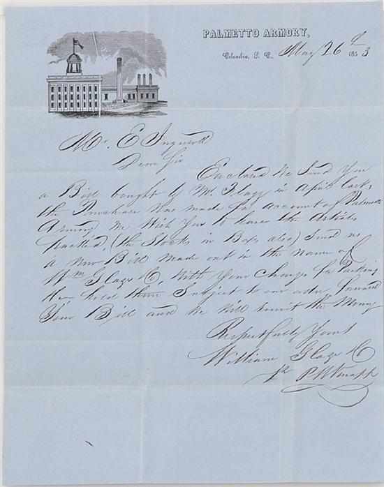 Appraisal: handwritten letter on Palmetto Armory letterhead Columbia SC dated May