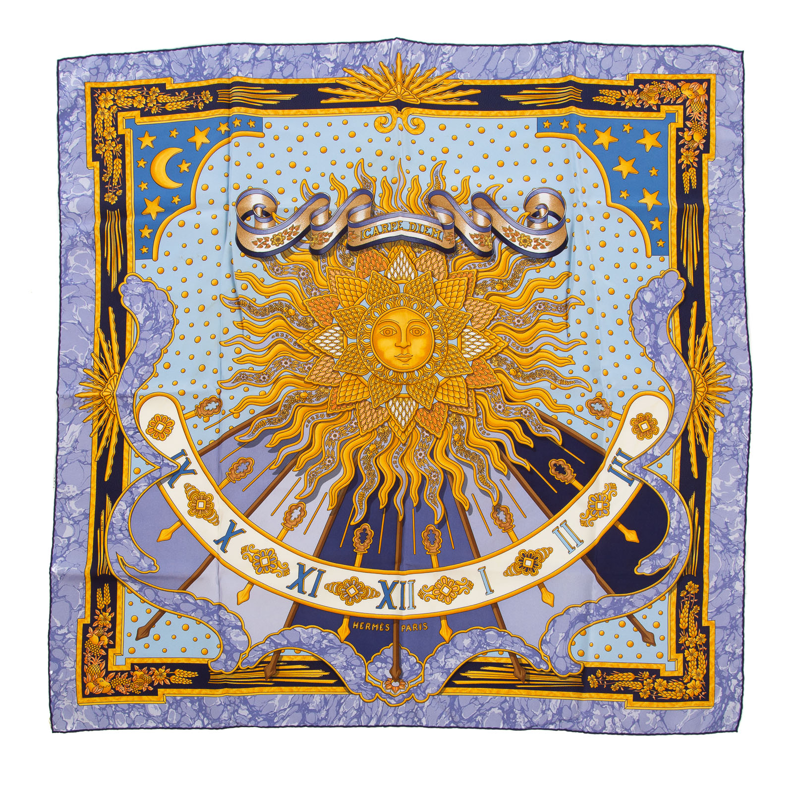 Appraisal: AN HERMES CARPE DIEM SCARF Purple gold and multicolor Hermes