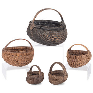 Appraisal: Five Woven Buttocks Baskets American th Century Height of largest