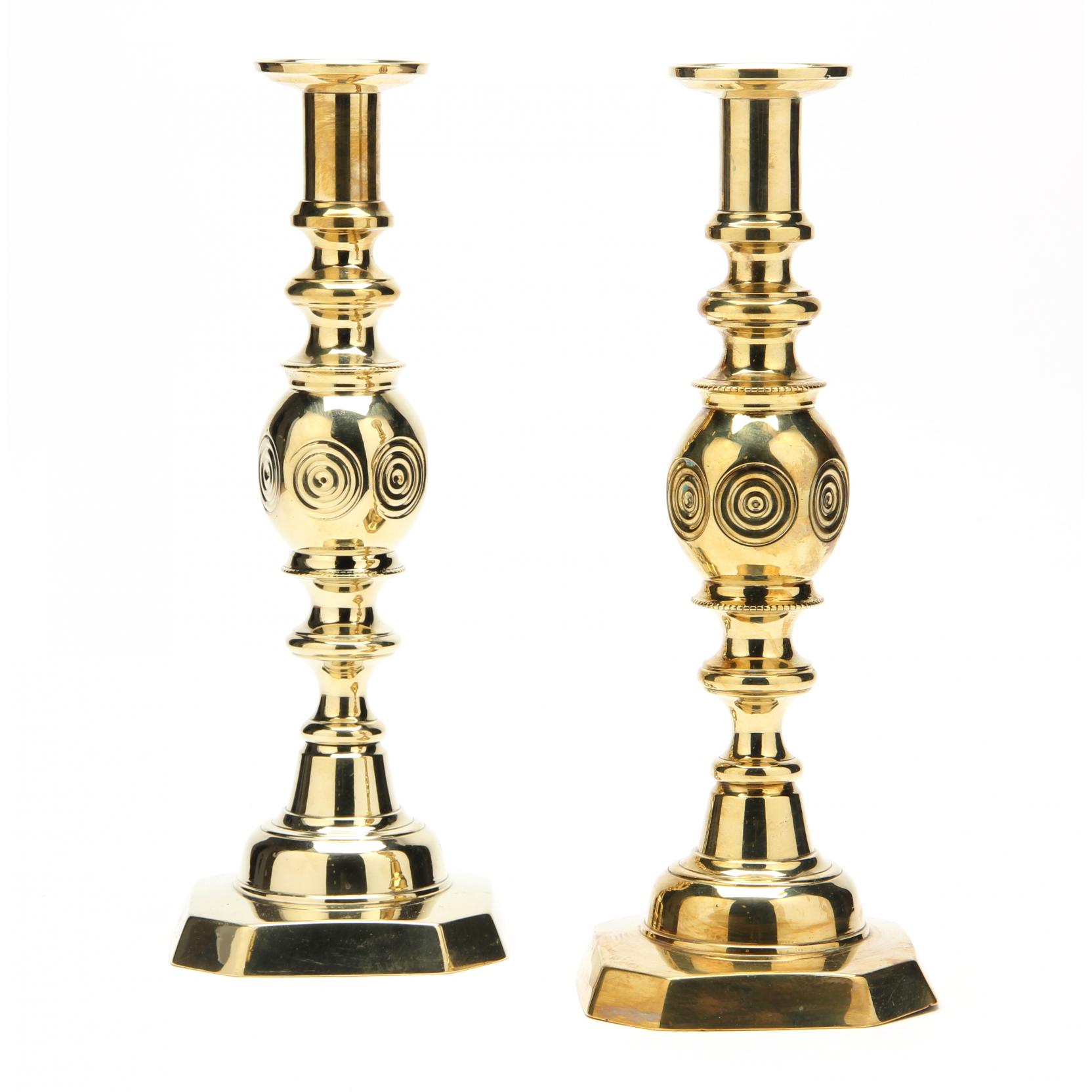 Appraisal: Pair of English Brass Bullseye Candlesticks circa attributed to James