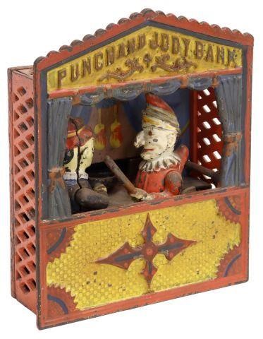 Appraisal: Vintage Punch and Judy mechanical iron bank with large letters