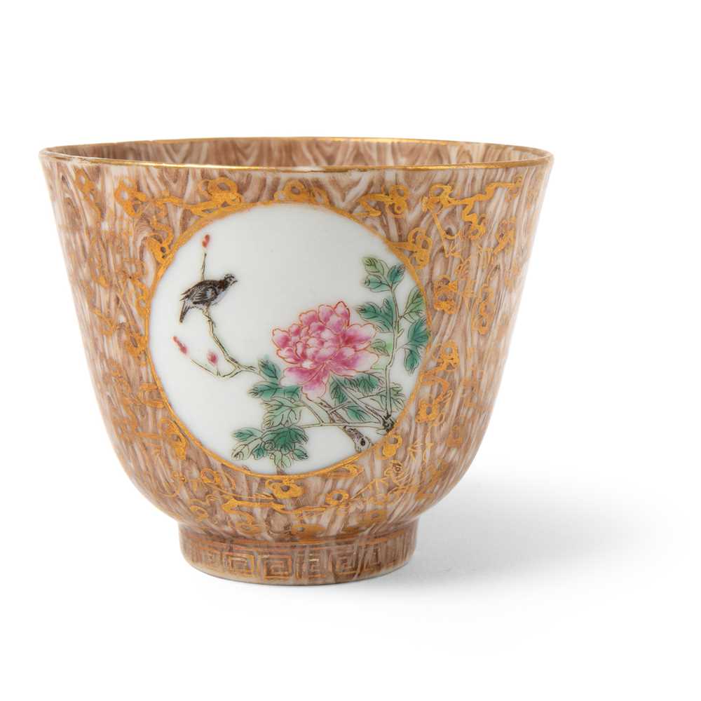 Appraisal: FAUX-BOIS AND GILT-DECORATED FAMILLE ROSE 'FLOWER' CUP QING DYNASTY TH-