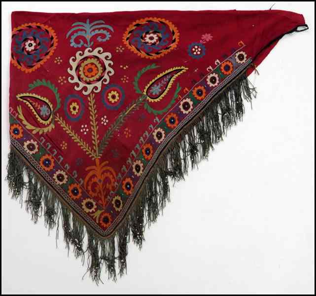 Appraisal: UZBEK SILK AND COTTON EMBROIDERY With bead fringe along two