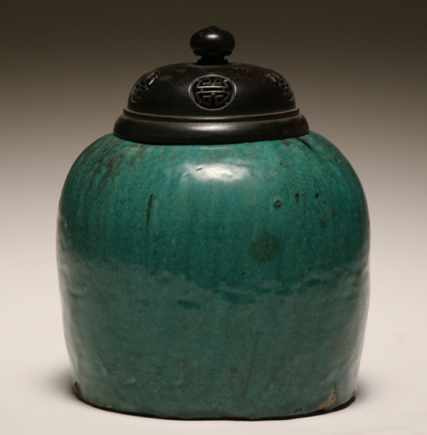 Appraisal: Chinese glazed ceramic lidded jar heavy blue green glaze to