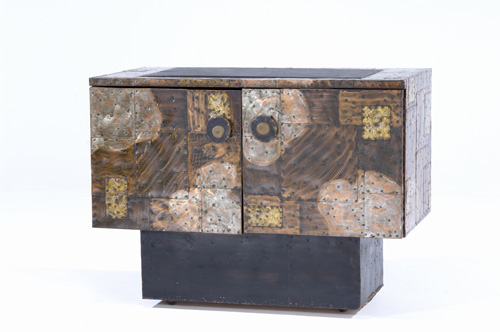 Appraisal: PAUL EVANS Two-door cabinet of copper pewter and bronze patchwork