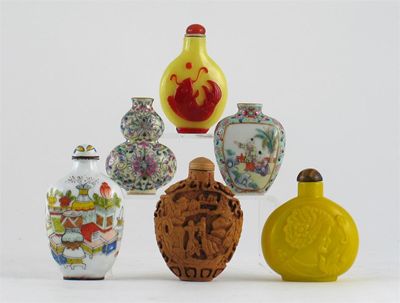 Appraisal: Eight Chinese snuff bottles in porcelain glass enamel and bamboo