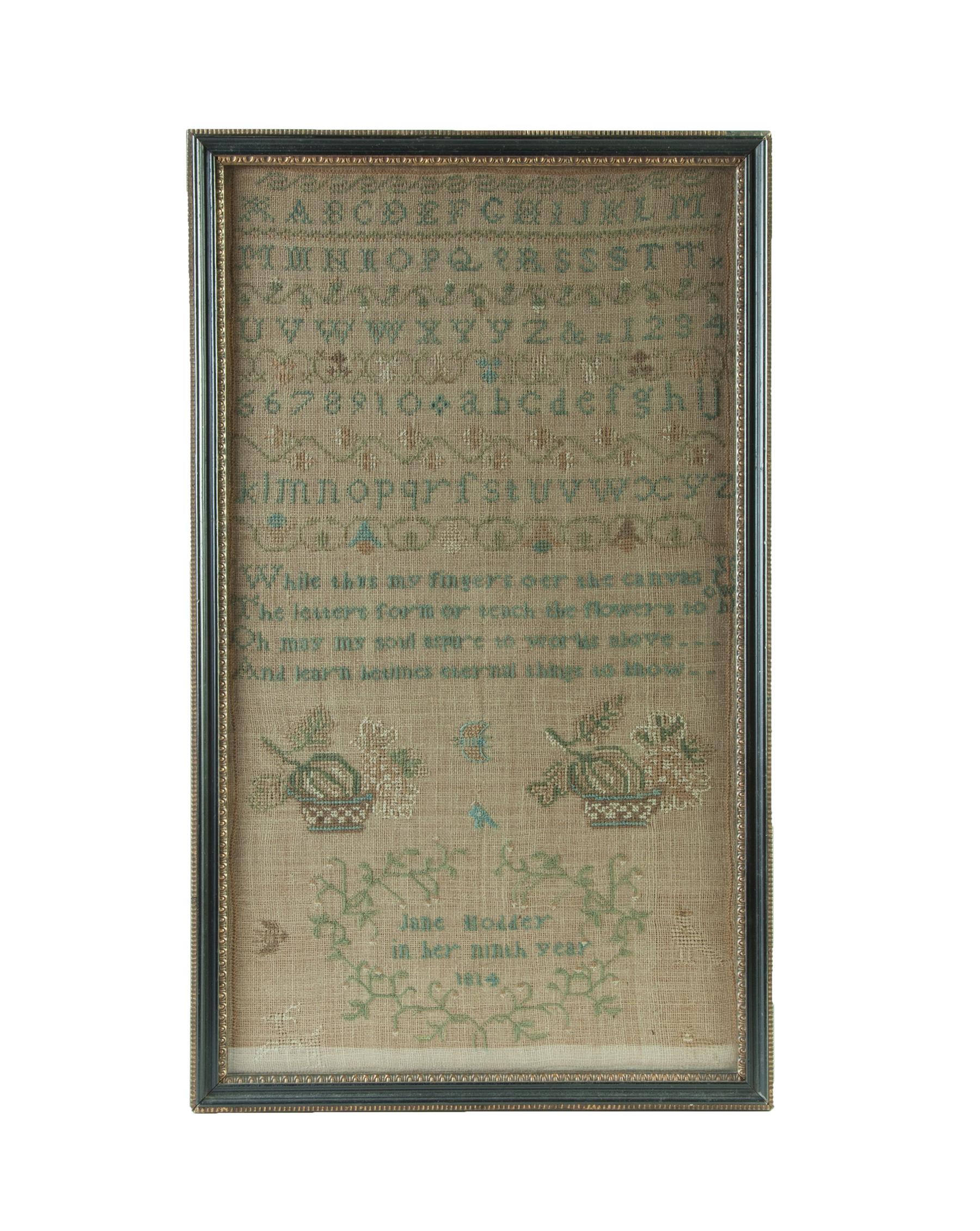 Appraisal: SAMPLER Silk on linen Verse with baskets and Jane Hodder