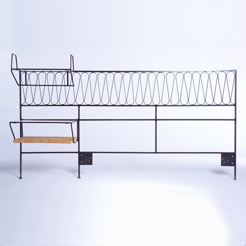 Appraisal: SALTERINI Full-size iron headboard with openwork frieze and two hanging