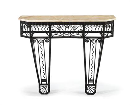 Appraisal: Wrought iron marble top console french ca H in W