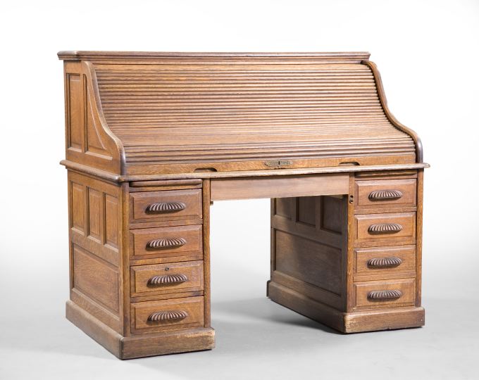 Appraisal: Large American Quarter-Sawn Oak Roll-Top Desk late th century the