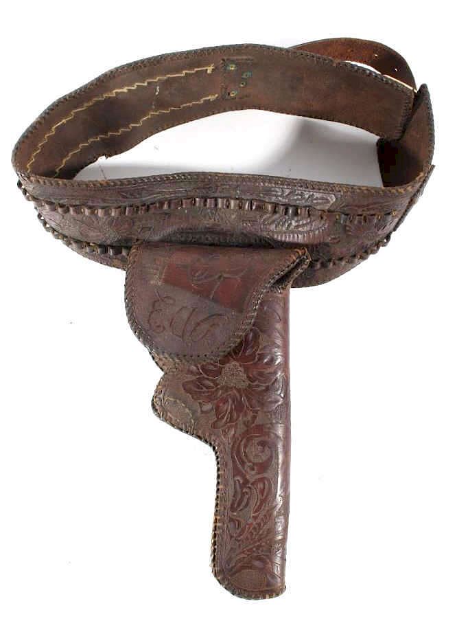 Appraisal: Early Montana Carved Tooled Leather Holster Belt Offered for sale