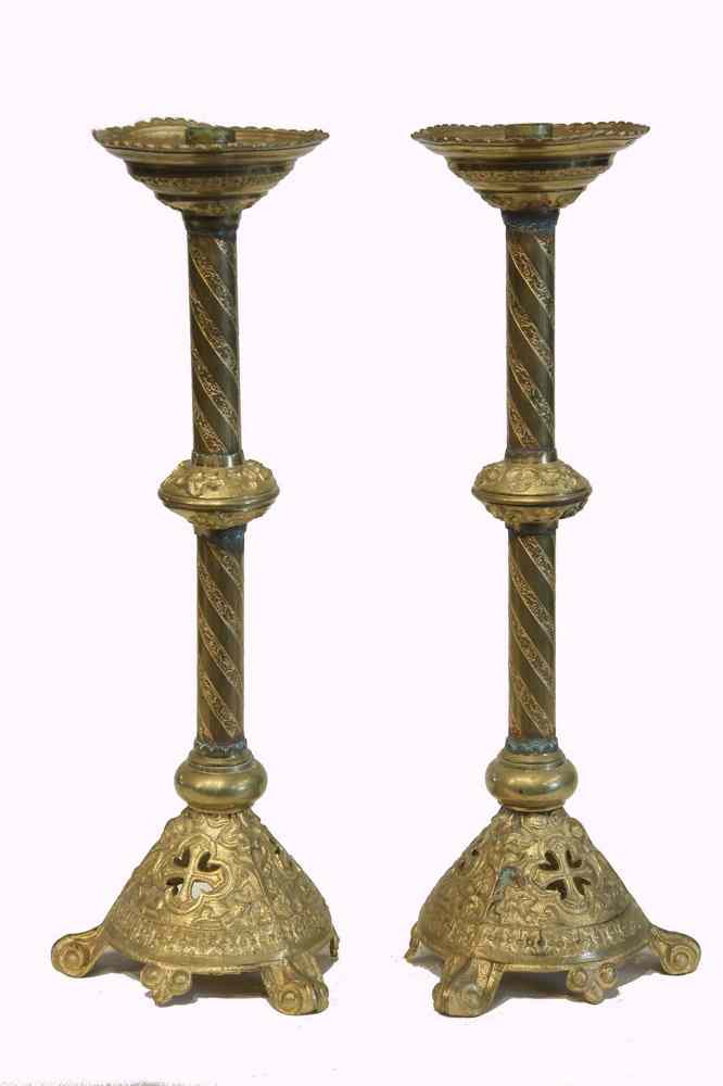 Appraisal: PAIR ALTAR CANDLESTICKS - Pair of Gilt Brass Ecclesiastical Candlesticks