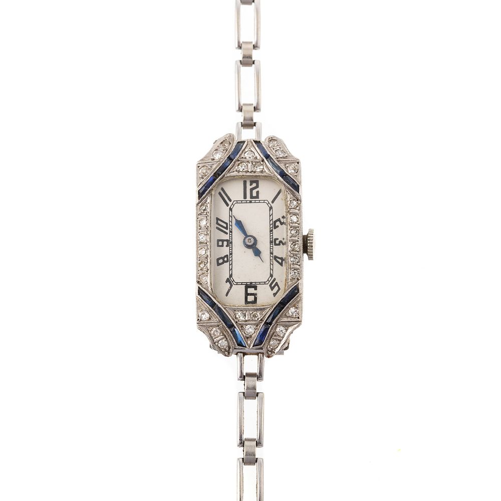 Appraisal: An Art Deco Diamond Sapphire Watch in Platinum Platinum antique