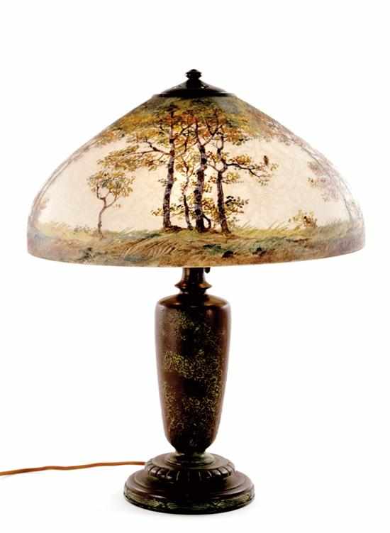 Appraisal: Handel landscape-decorated table lamp circa - pattern domical molded and