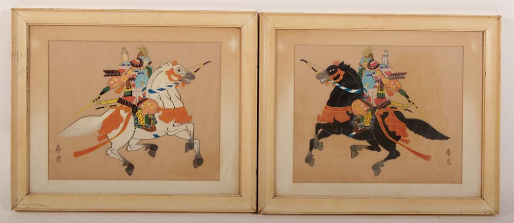 Appraisal: Asian Paintings of Warriors on Horseback Asian paintings on fabric