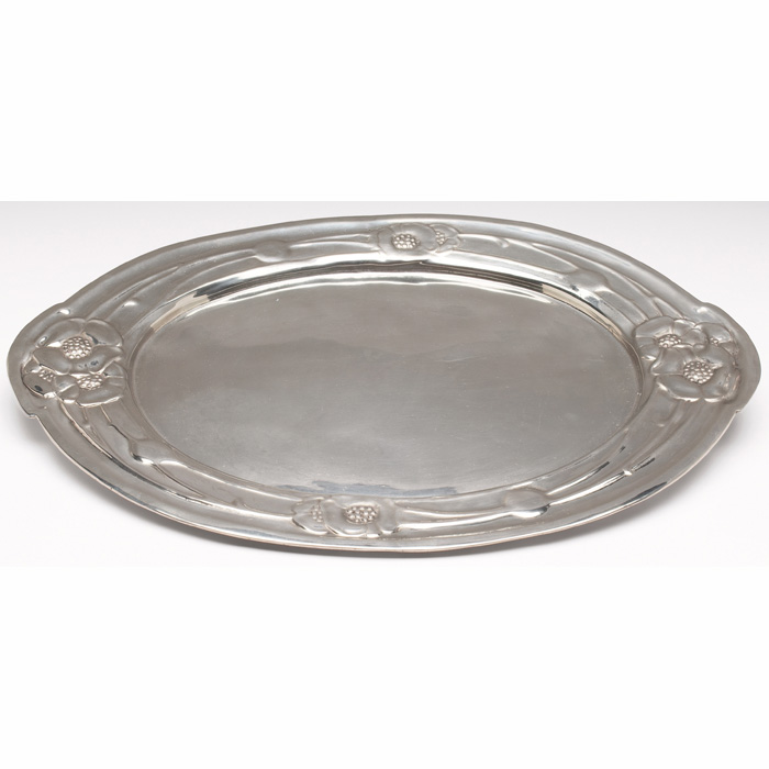 Appraisal: Liberty Co serving tray English c pewter with hammered floral