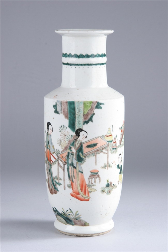 Appraisal: CHINESE FAMILLE VERTE PORCELAIN ROULEAU VASE Qing Dynasty Figural decoration