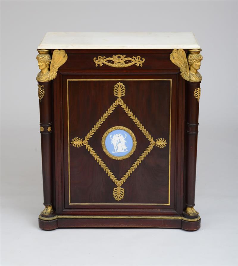 Appraisal: EMPIRE STYLE ORMOLU-MOUNTED CABINET With later white marble top above