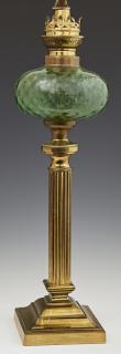 Appraisal: English Brass Oil Lamp th c the green glass f