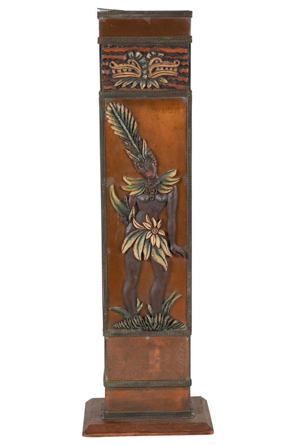 Appraisal: TALL COPPER PLANTERrectangular with applied polychromed and carved wood decoration