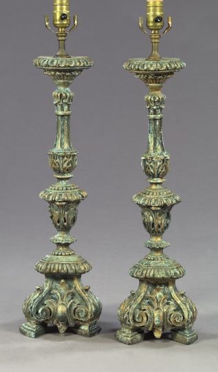 Appraisal: Pair of Italian Gilded and Antiqued Plaster Tripodal Altar Candlesticks