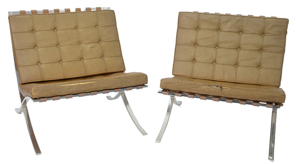 Appraisal: Pair of Barcelona Chairs vintage distressed leather very heavy height