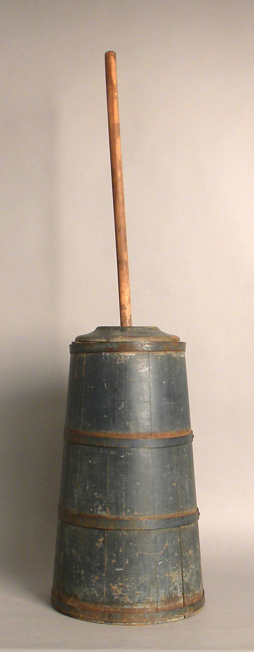 Appraisal: Wood butter churn th c in an old blue painted