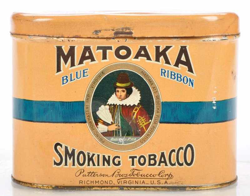 Appraisal: Matoaka Round Corner Tin Description Patterson Bros -pound Matoaka Blue