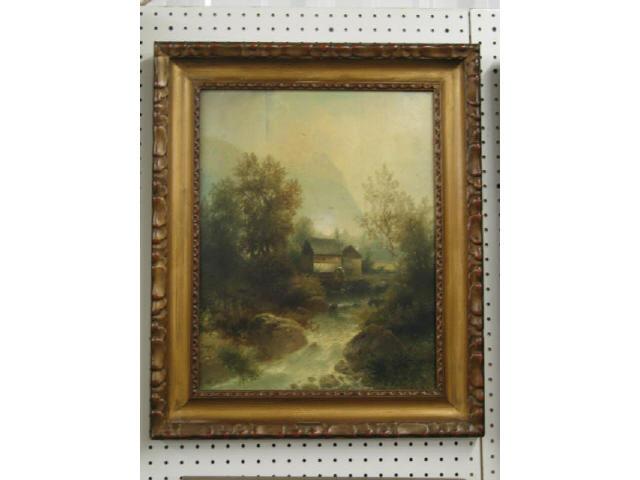 Appraisal: th Century Oil on Panel landscape with mill carved frame