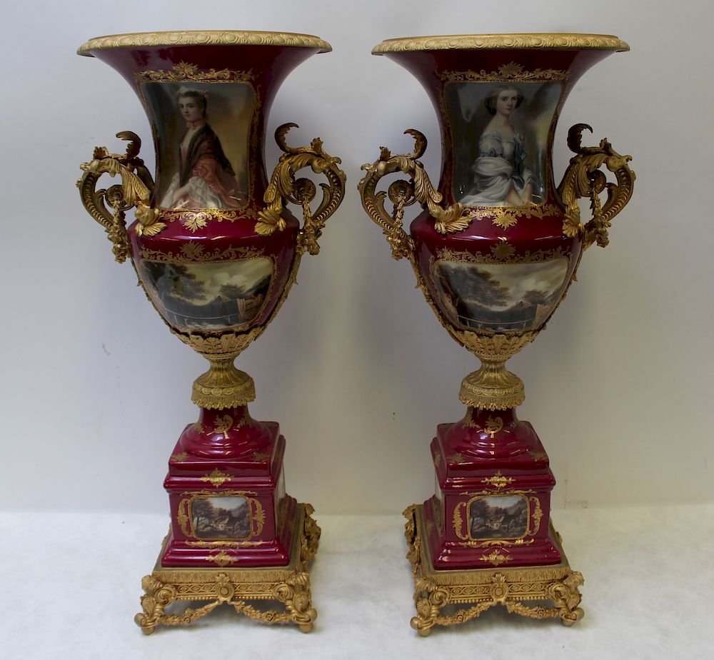 Appraisal: Vintage Pair of Sevres Style Gilt Metal Mounted Porcelain Urns