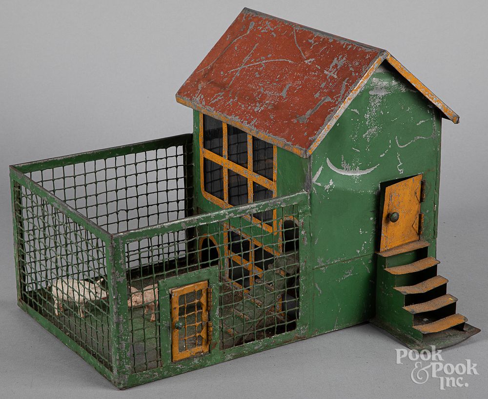 Appraisal: Painted tin toy pig pen chicken coop th c Unusual