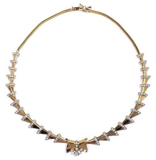 Appraisal: GOLD AND BRILLIANT-CUT DIAMOND NECKLACE ca Pink gold g Attractive