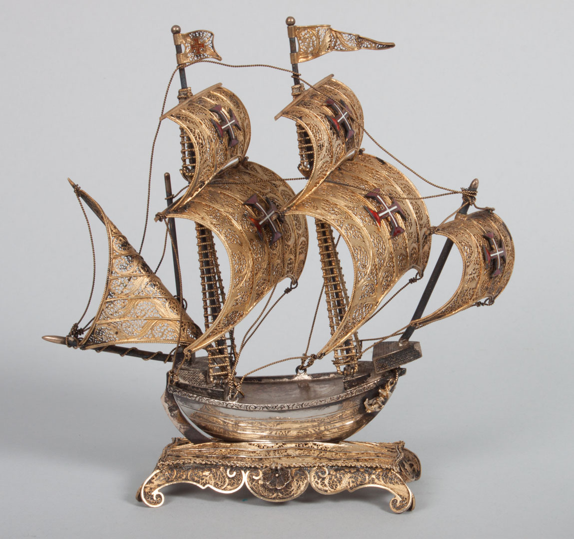 Appraisal: French silver filigree enamel model of a galleon mounted on