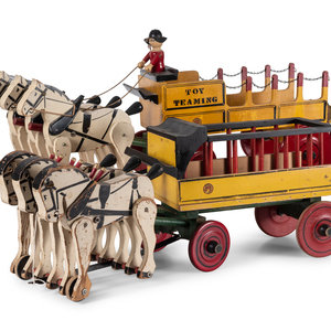 Appraisal: Two Rich Toys Painted Wood Three-Horse Team Wagons Length of