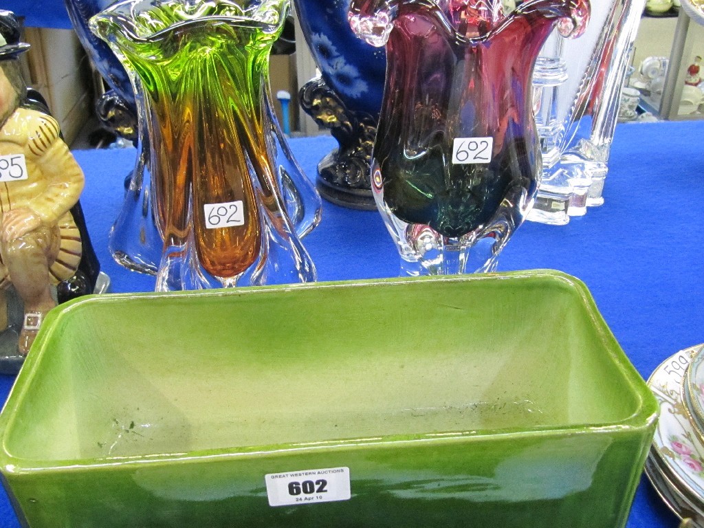 Appraisal: Bretby green glazed planter and two art glass vases