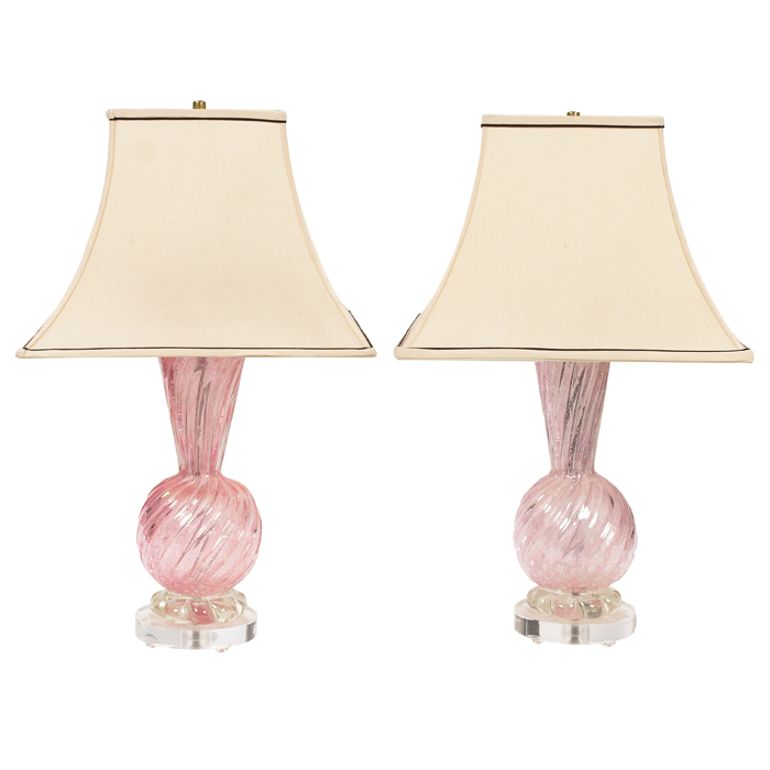 Appraisal: Murano glass lamps pair Italy pink glass with ribbed swirl