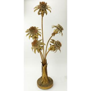 Appraisal: Mid-Century Italian Floral Tole Gilt Metal Sunflower Lamp Unsigned Good