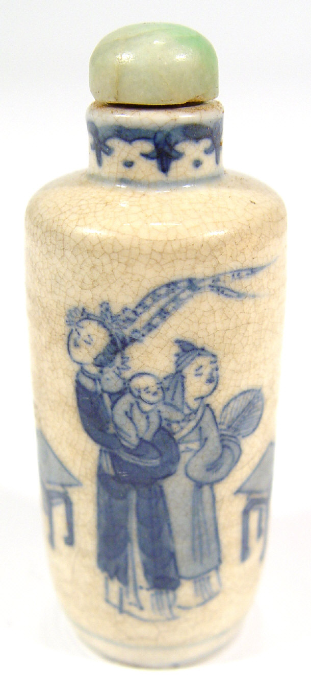 Appraisal: Chinese porcelain snuff bottle painted with blue figures under a