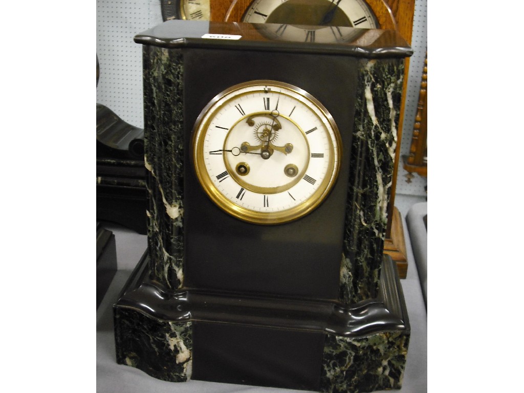 Appraisal: Black slate and green marble two train mantel clock the