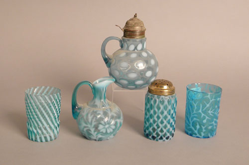 Appraisal: Five pieces of blue and opalescent glass ca tallest -