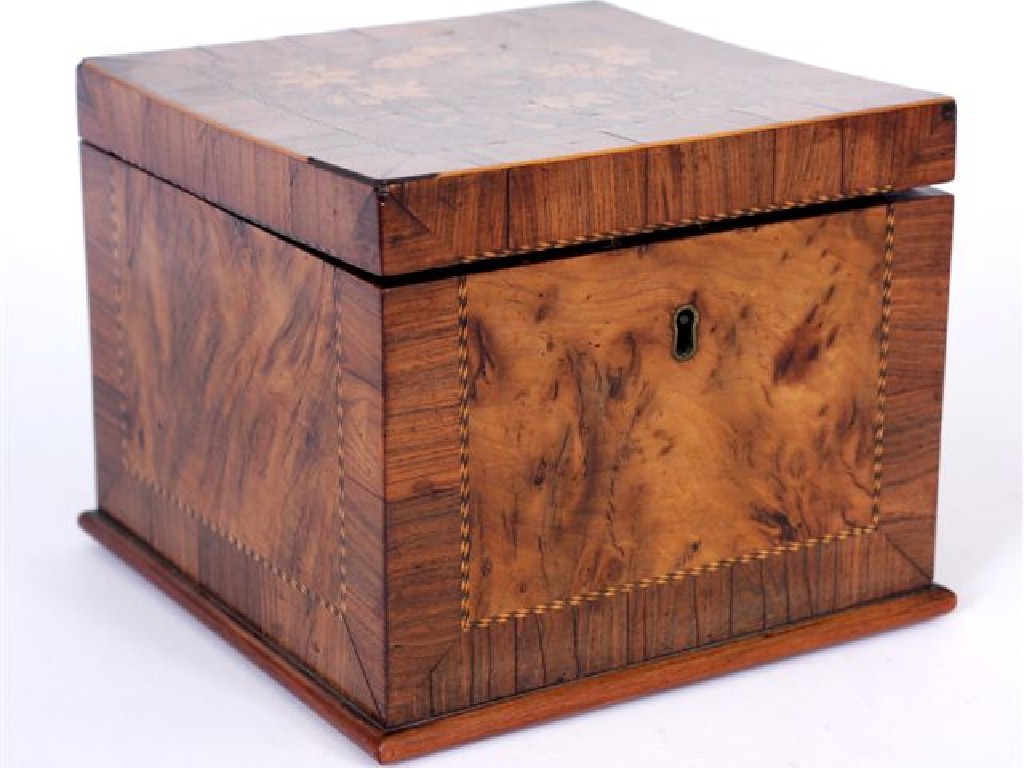 Appraisal: CONTINENTAL WALNUT MARQUETRY AND CROSS-BANDED CADDY th CENTURY of square