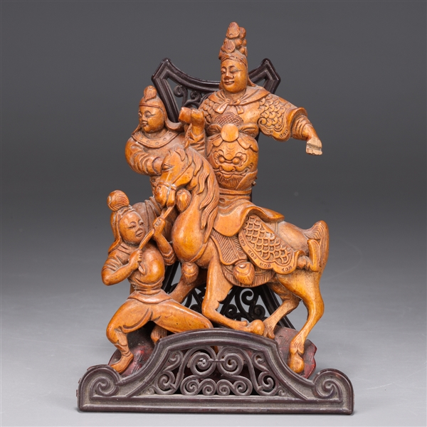 Appraisal: Antique Chinese craved wood figural grouping with warrior on horseback