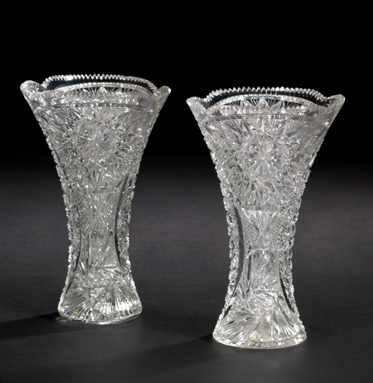 Appraisal: Rare Pair of American Brilliant-Cut Glass Flaring Vases in Snowflake