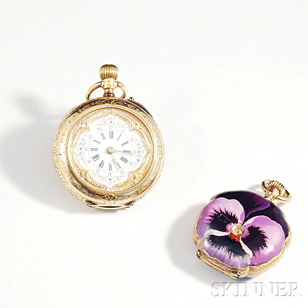 Appraisal: Two Pocket Watches an kt gold and purple enamel pansy