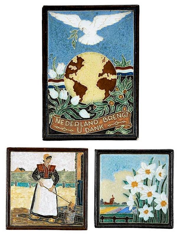 Appraisal: Three Signed Delft Arts and Crafts Tiles Dutch early th