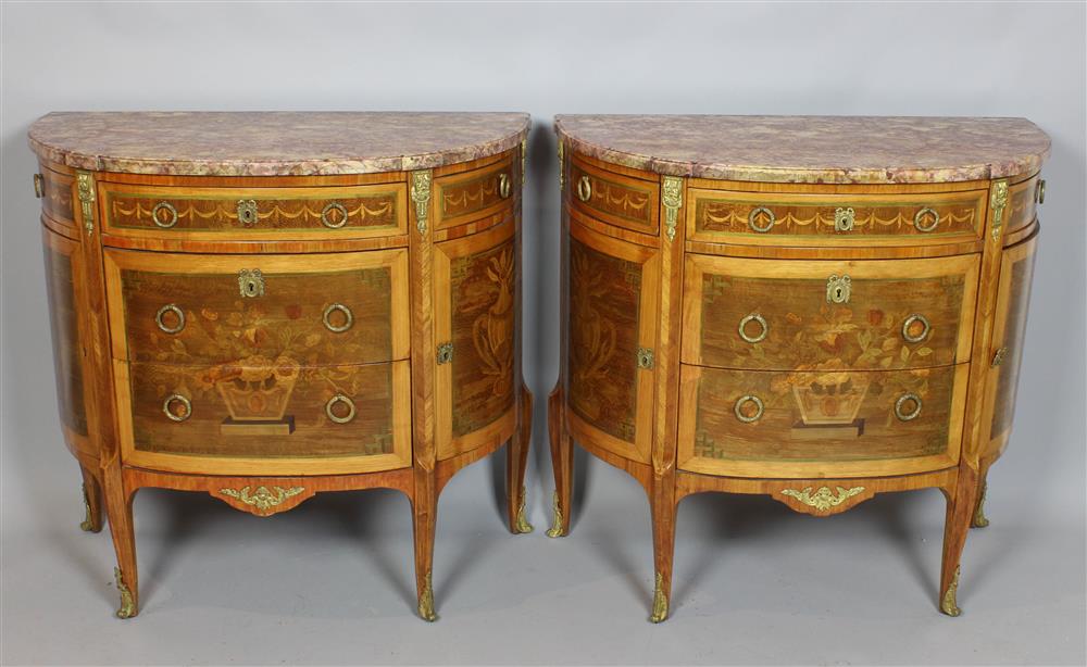 Appraisal: PAIR OF LOUIS XVI INLAID DEMILUNE COMMODES WITH ROUGE MARBLE