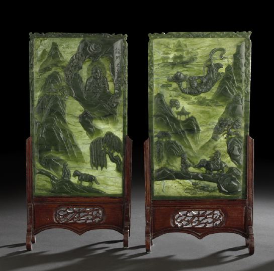 Appraisal: Pair of Chinese Carved Jade Table Screens in carved wooden