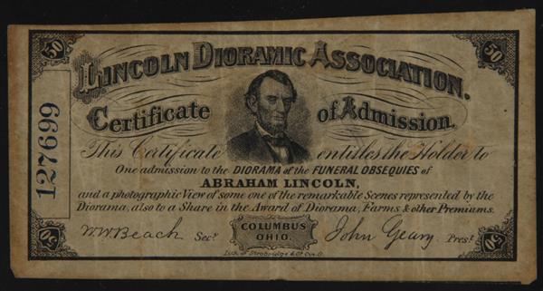 Appraisal: Certificate of Admission to the Lincoln Dioramic Association in Columbus